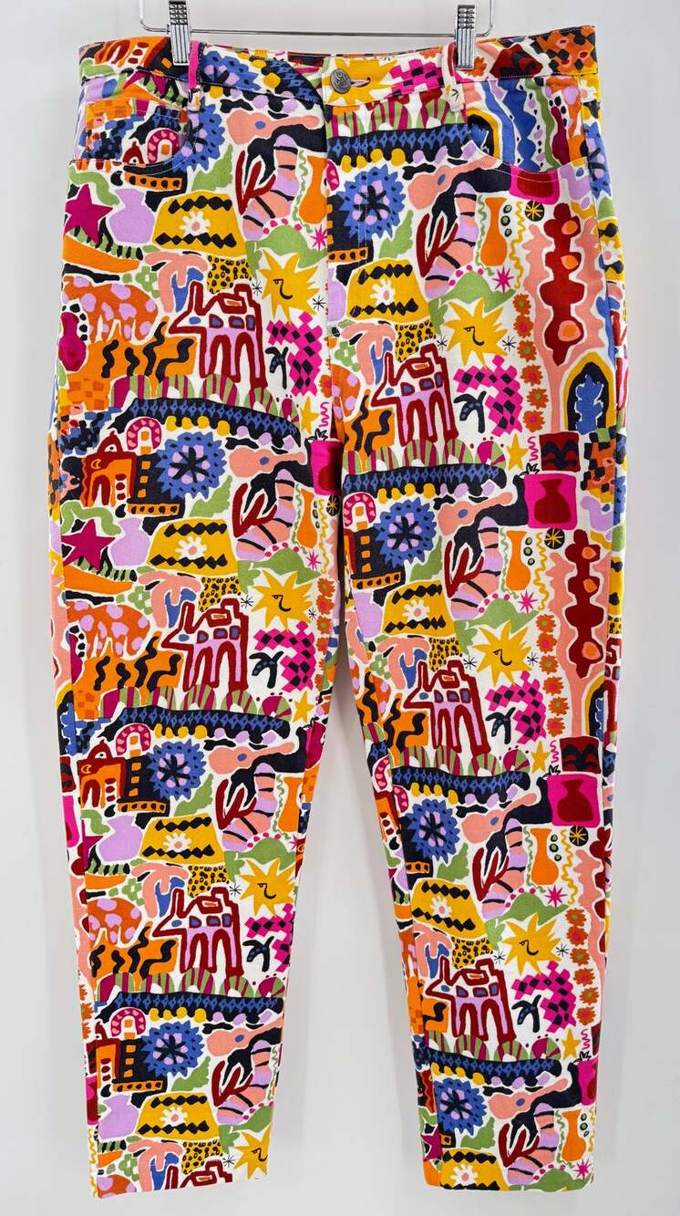 Lucy & Yak Melissa Foster Print Dana Pants Multi Color Whimsical Fun Print 34